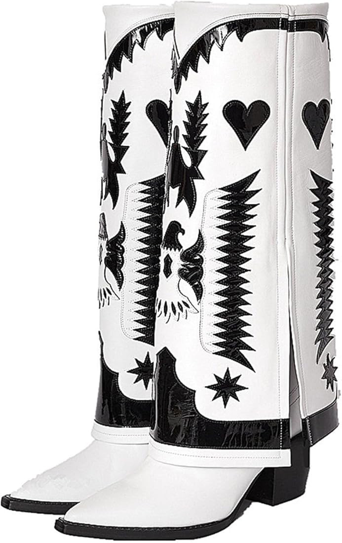 perixir Cowboy Boots Women Knee High,Fold Over Boots with Chunky Heels,Pointed Toe,Wide Calf Boot... | Amazon (US)