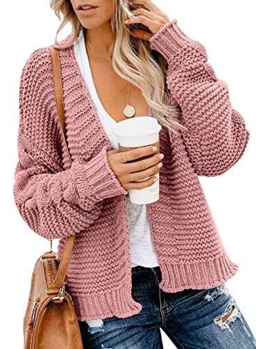 Dokotoo Winter Clothing for Women Cardigan Sweaters for Women Early Fall Fashion Open Front Long Sleeve Cable Knit Chunky Cozy Ribbed Sweater Oversized Fashion Loose Cardigans Coats Outerwear S Pink | Amazon (US)