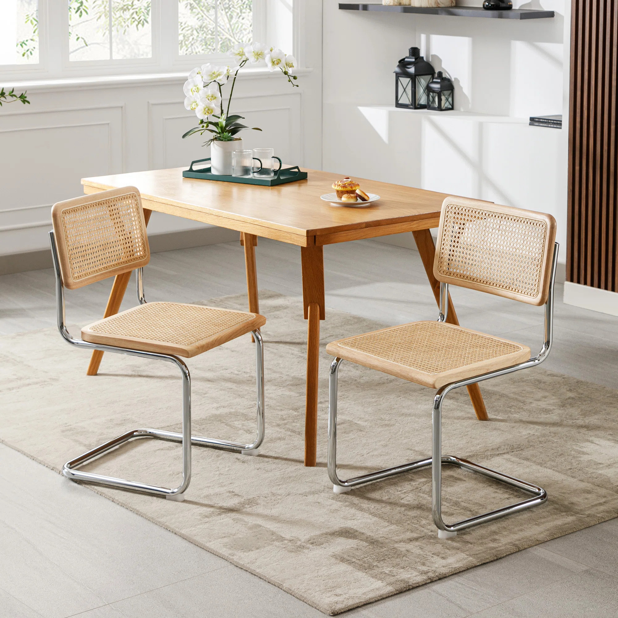 Crumley 18.1" H Mid-Century Modern Rattan Dining Chairs with Rattan Cane Backrest (Set of 2) | Wayfair North America