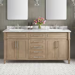 Home Decorators Collection Aberdeen 72 in. Double Sink Antique Oak Bath Vanity with Carrara Marbl... | The Home Depot