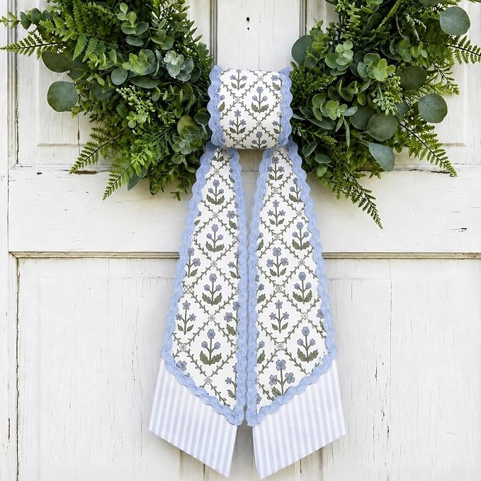 Whaline 2Pcs Layered Wreath Sash for Front Door, Block Print Floral Stripe | Amazon (US)