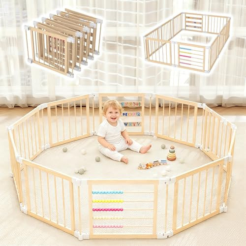 COCO DESIGN Baby Wooden Playpen, 10 Panel Foldable Play Yard with Door Panel and Built-in Toys, Adjustable Size & Shape Portable Play Yard for Babies and Toddlers (10 Panels) | Amazon (US)