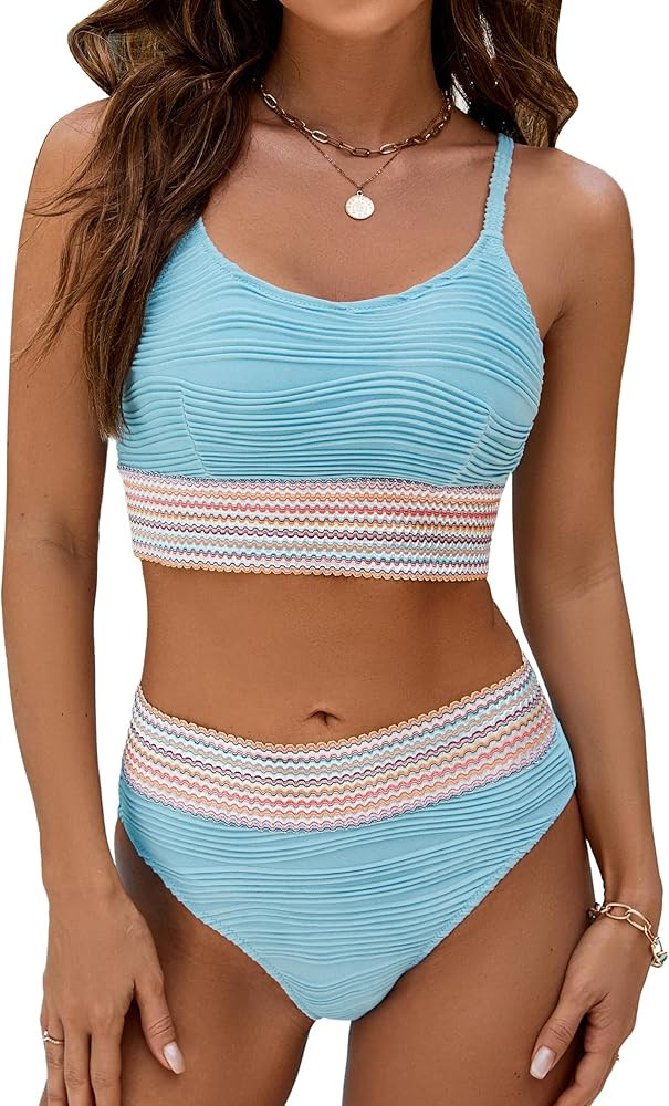 Blooming Jelly Women's High Waisted Bikini Sets Two Piece Swimsuit Scoop Neck Textured High Cut B... | Amazon (US)