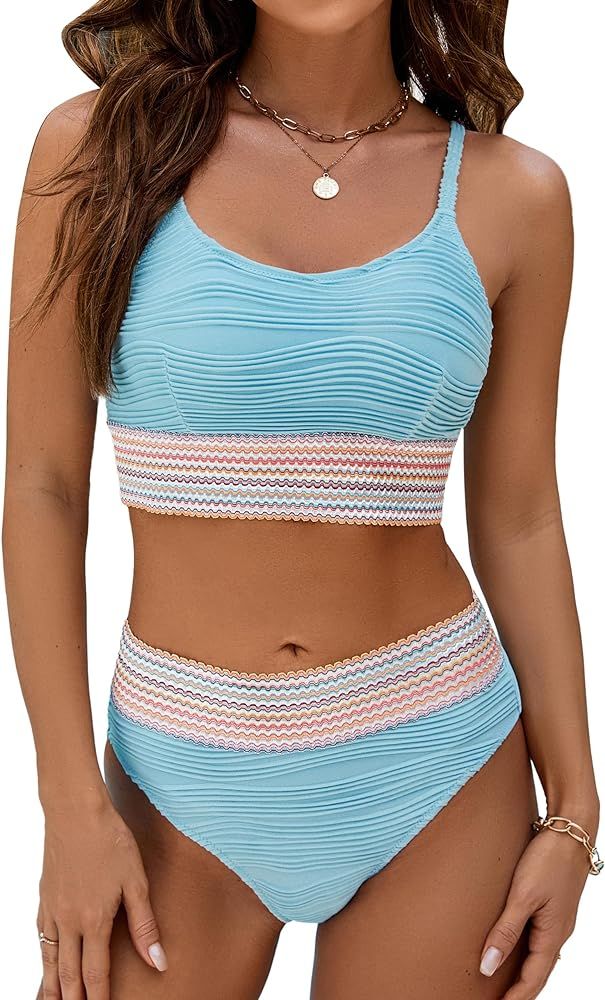 Blooming Jelly Women's High Waisted Bikini Sets Two Piece Swimsuit Scoop Neck Textured High Cut B... | Amazon (US)