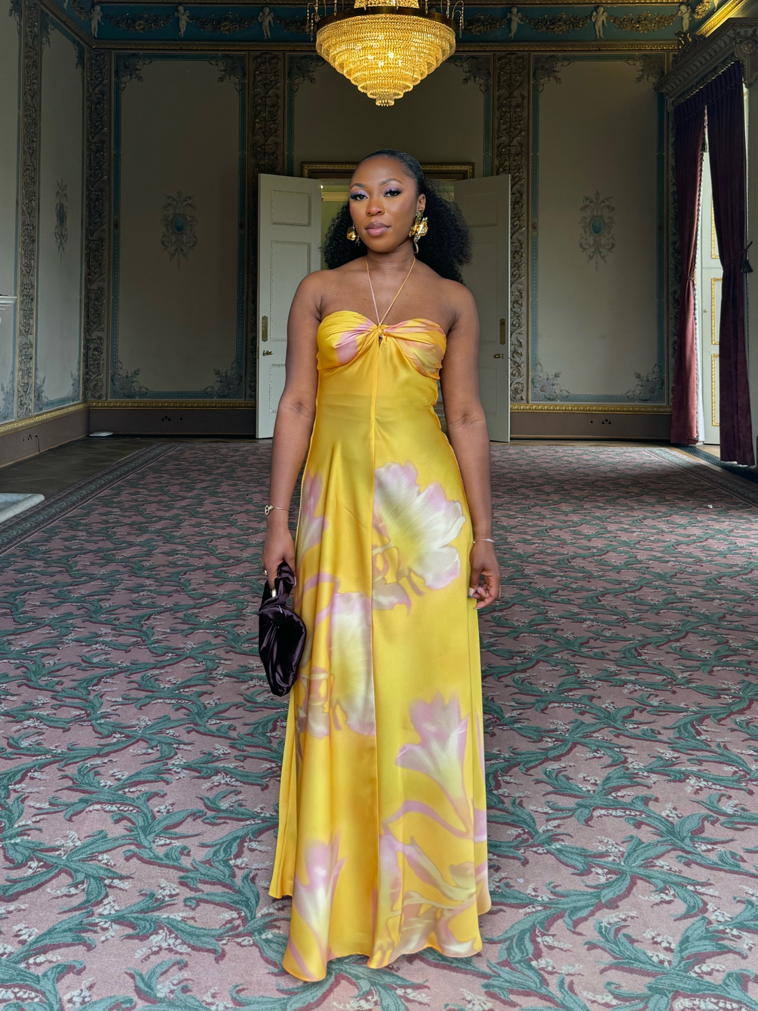 mango printed satin dress Mango halterneck satin midi dress in yellow