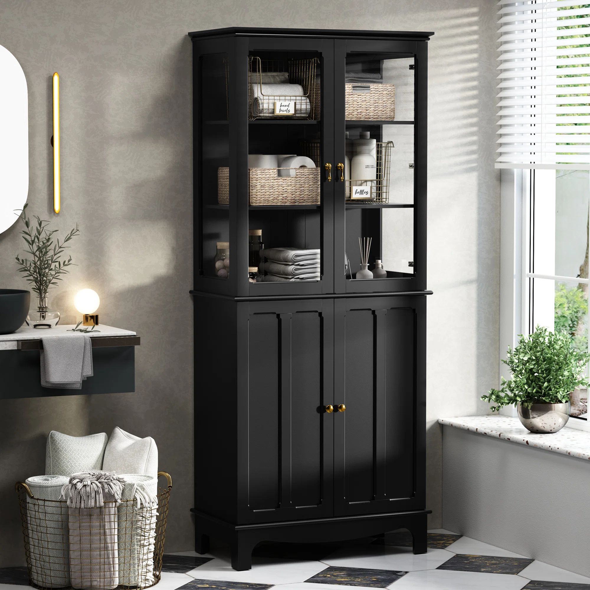 Ellerby 72" Freestanding Kitchen Pantry with Glass Doors and Adjustable Shelves | Wayfair North America