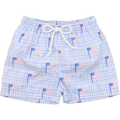 Blue Check American Flag Swim Trunks | Cecil and Lou