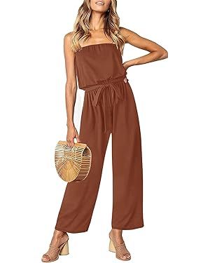 ZESICA Women's 2024 Casual Off Shoulder Solid Color Strapless Belted Wide Leg Jumpsuit Romper | Amazon (US)