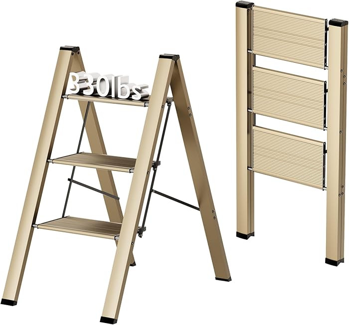 FlyGeneral 3 Step Ladder, Folding Ladder Stool, Gold, Wider Upgraded Non Slip Treads, Portable Li... | Amazon (US)