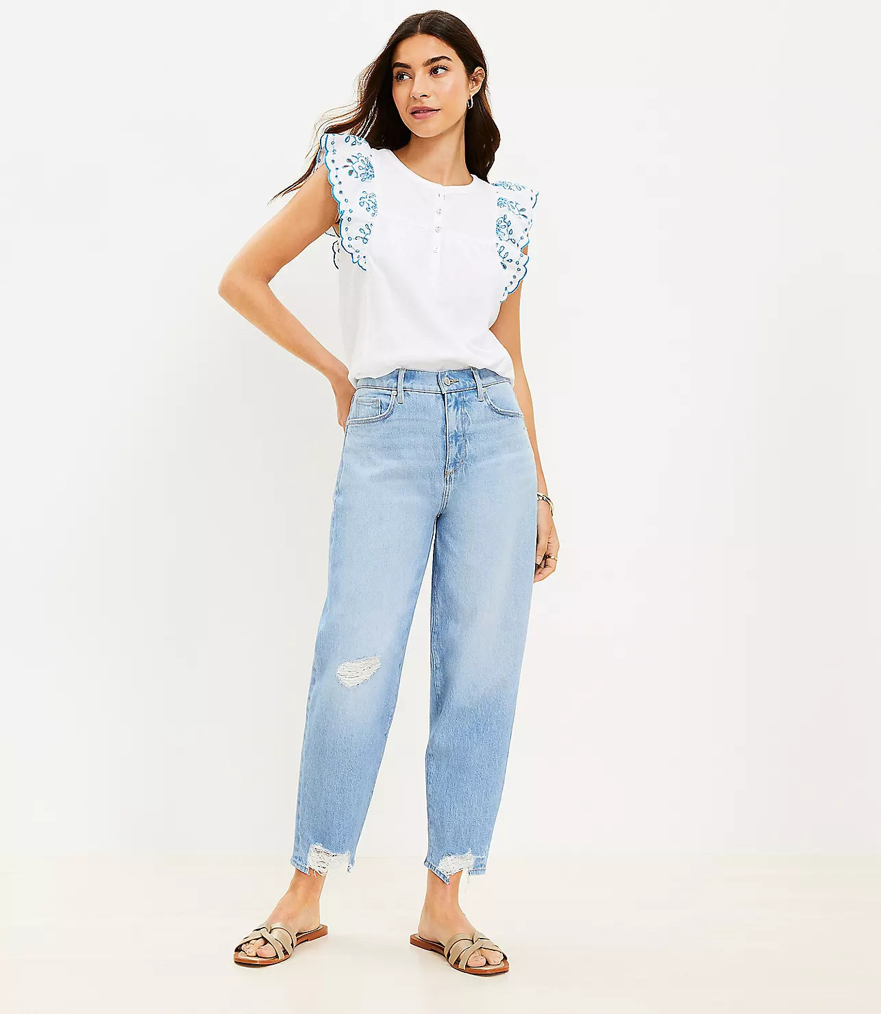 Destructed Fresh Cut High Rise Barrel Jeans in Light Indigo Wash | LOFT