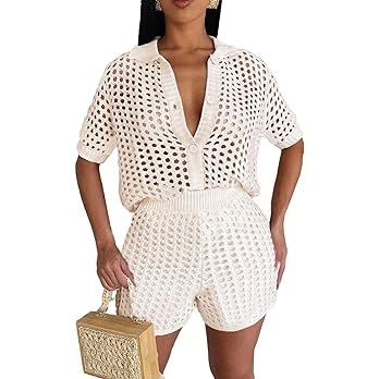 Alunzoem Short Sets for Women 2 Piece Outfits Crochet Knit Hollow Out Short Sleeve Button Down Sh... | Amazon (US)