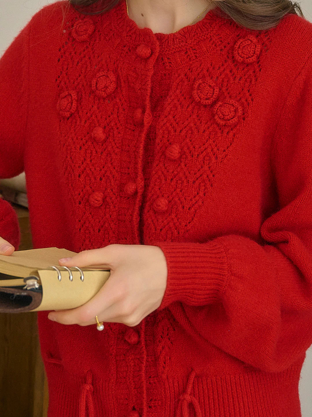 Maddie Round Neck Hollow 3D Flower Knitted Wool Cardigan - Red | SimpleRetro