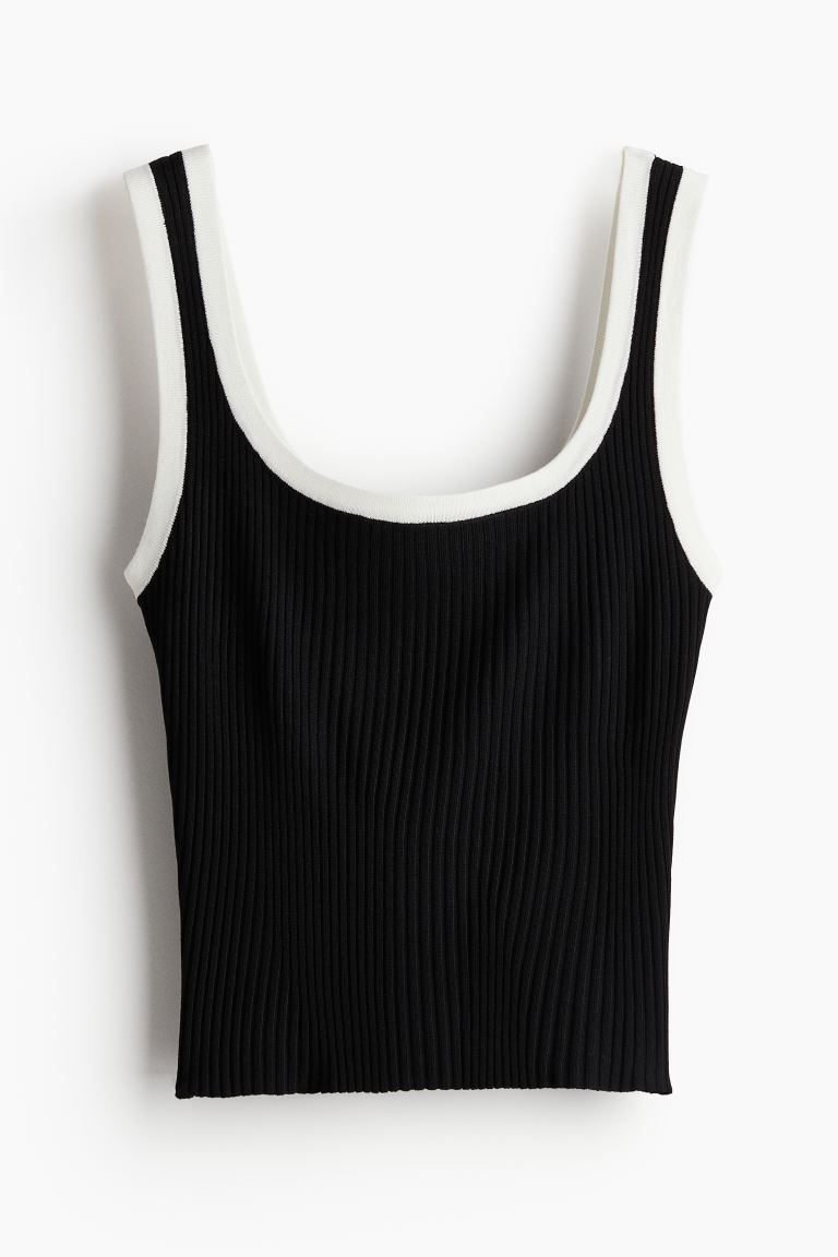 Rib-knit vest top - Deep neckline - Sleeveless - Black - Ladies | H&M GB | H&M (UK, MY, IN, SG, PH, TW, HK)