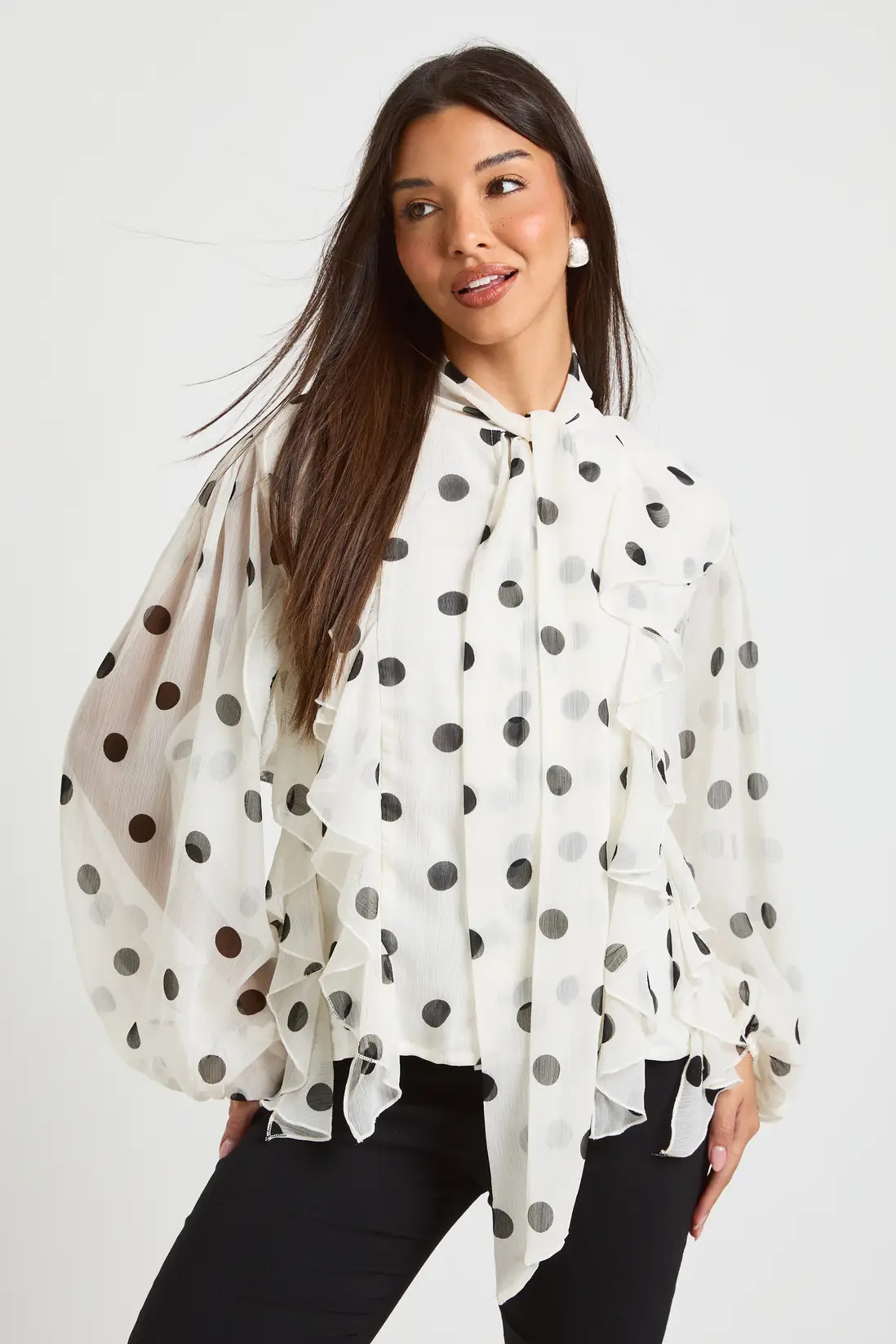 White Polka Dot Chiffon Balloon Sleeve Blouse | Boohoo | Boohoo.com (UK & IE)