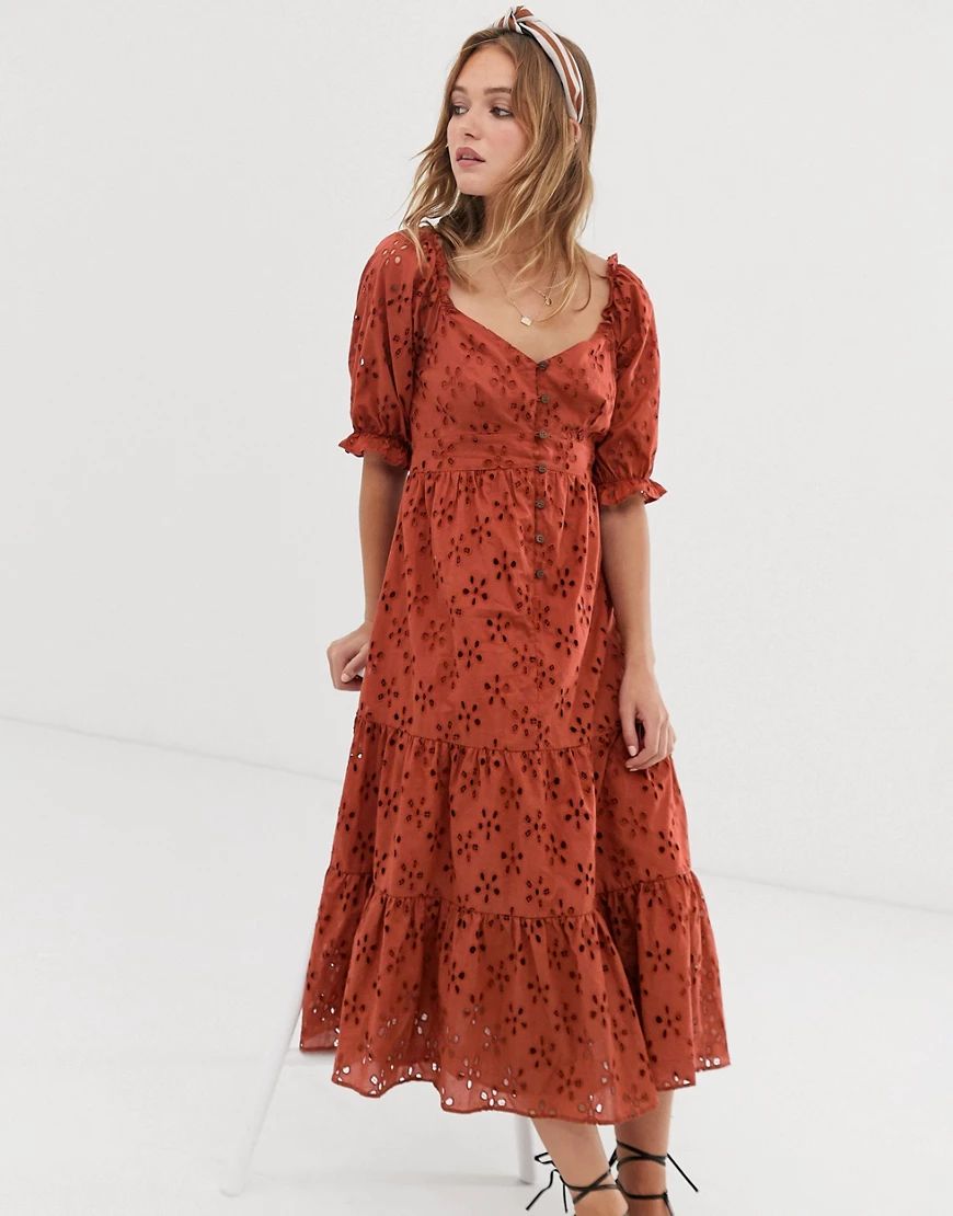 ASOS DESIGN button through tiered midi broderie dress | ASOS (Global)