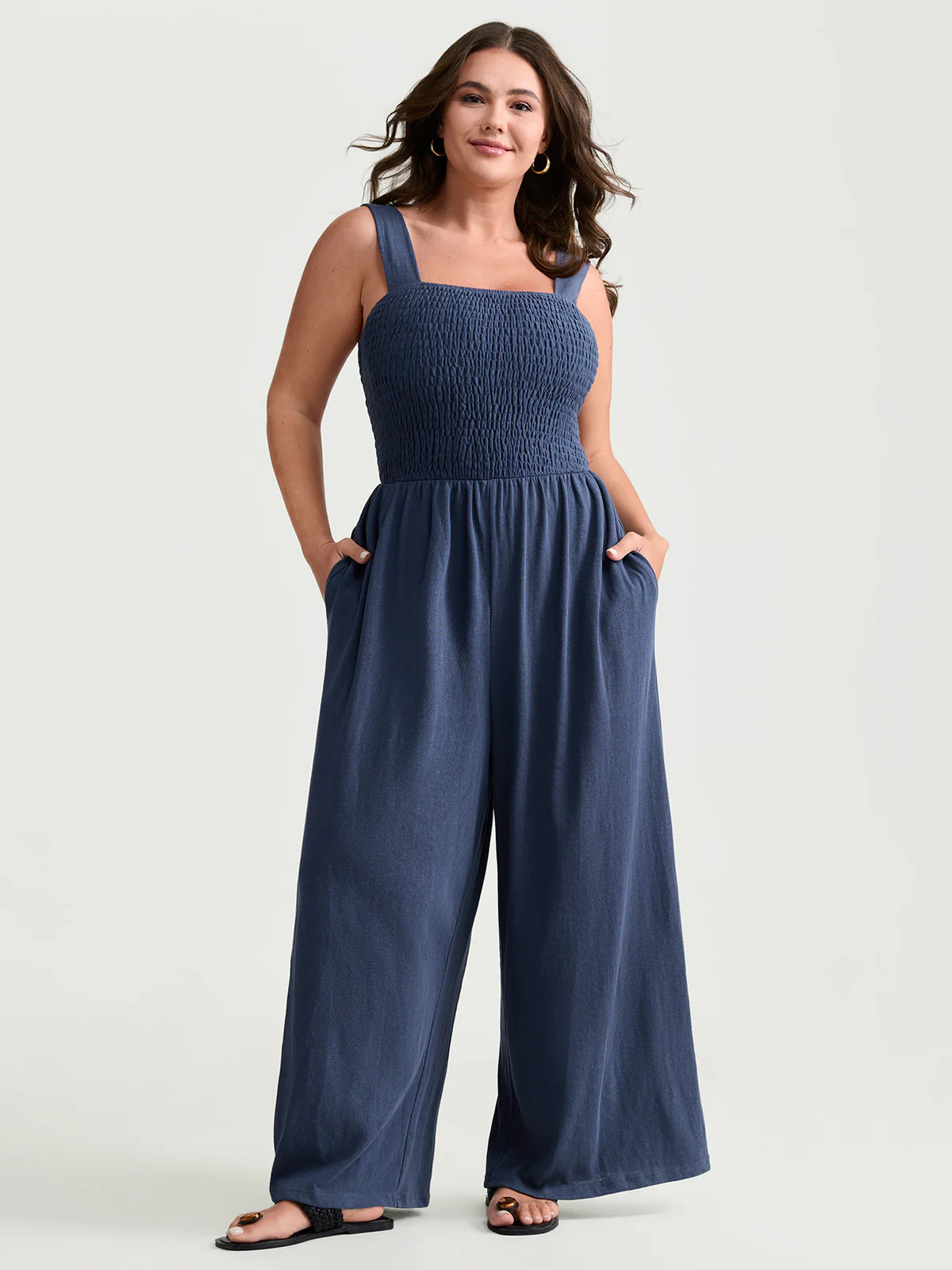 Shirred A-Line Wide Strap Jumpsuit | Bloomchic