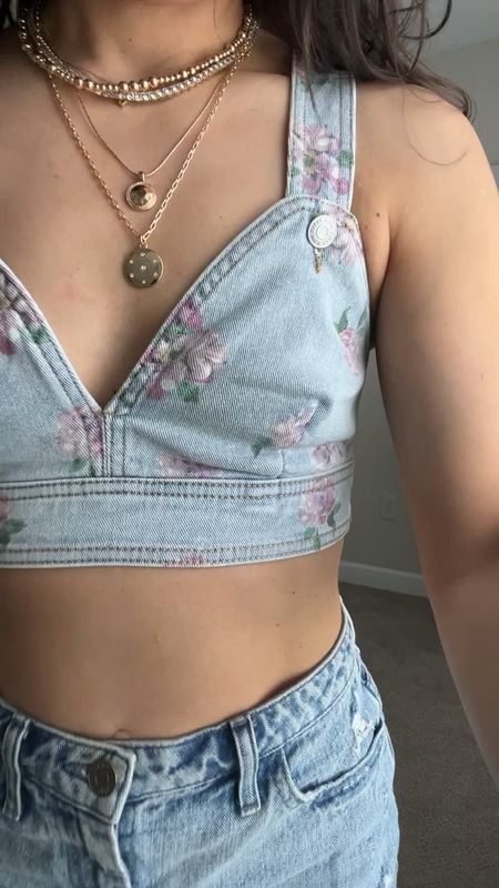 Denim floral cropped top. Wearing a size xxs