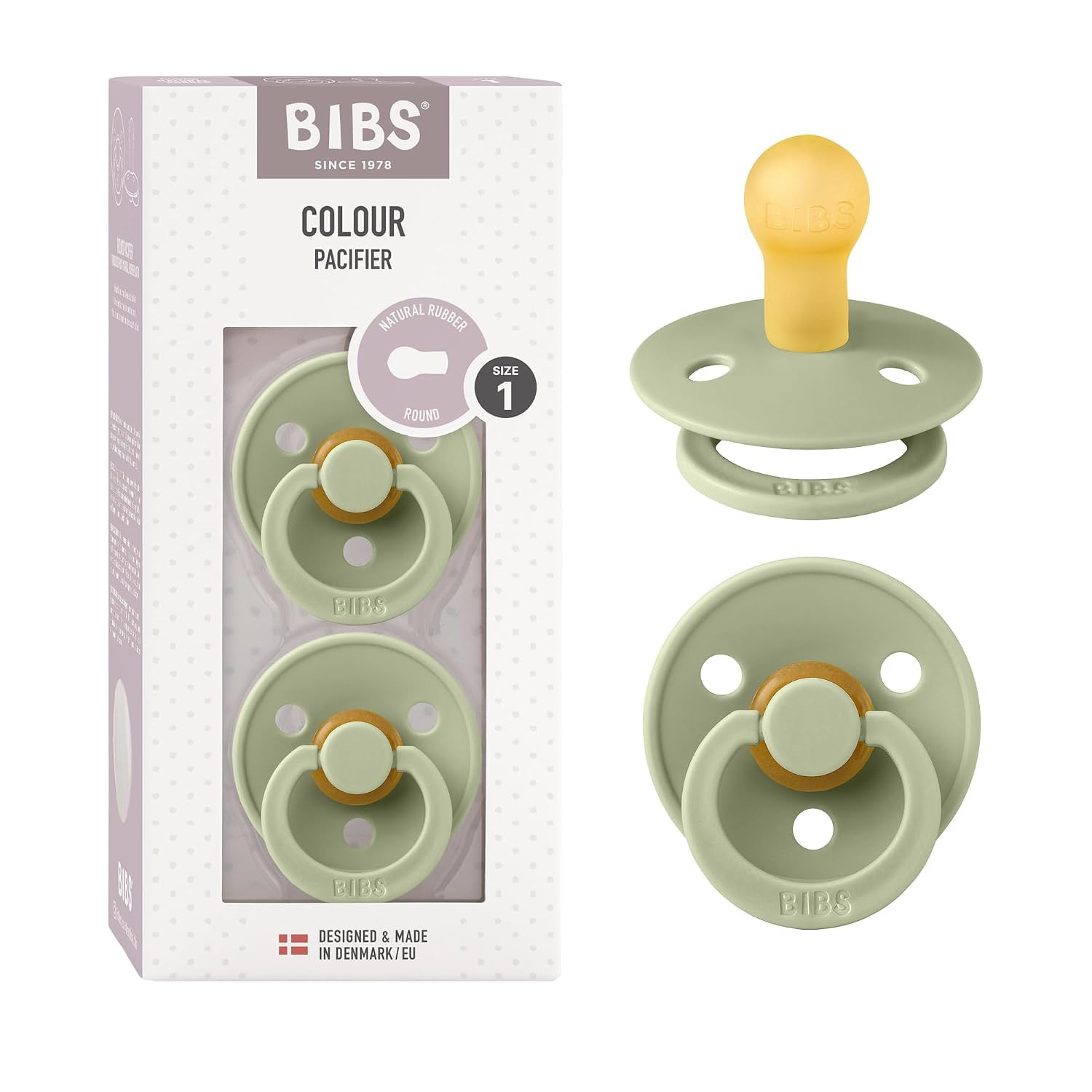 BIBS Pacifiers Colour Collection | Natural Rubber Baby Pacifier | Round Nipple | Set of 2 BPA-Free Soothers | Made in Denmark | 0+ Months (Pack of 2) | Sage | Amazon (US)
