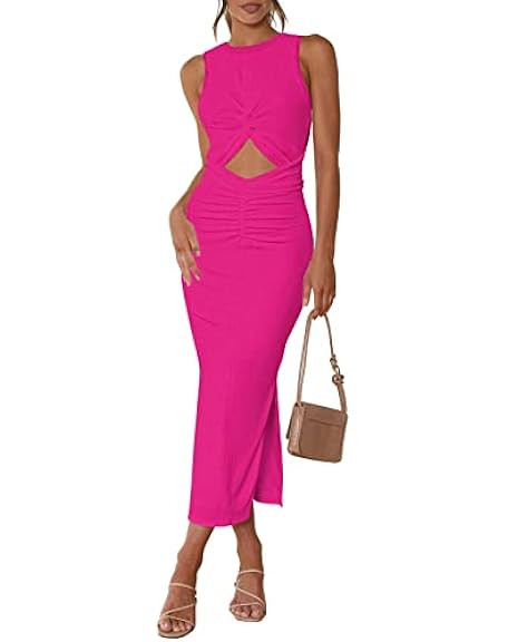 oten Women's Casual Sleeveless Cutout Twist Front Side Slit Ribbed Knit Party Bodycon Midi Dresse... | Amazon (US)