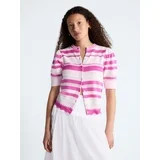 Free Assembly Women's Textured Stripe Cardigan Sweater with Short Puff Sleeves, Lightweight, Size... | Walmart (US)