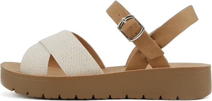 Soda CHESTER ~ Women Flat Sandals Flatform Ankle Buckle Criss Cross Band Straps Sandals Shoes (Go... | Amazon (US)