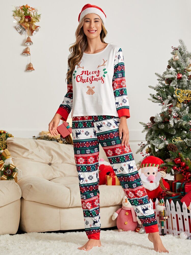 Pyjama Set mit Weihnachtselch & Buchstaben Grafik | SHEIN