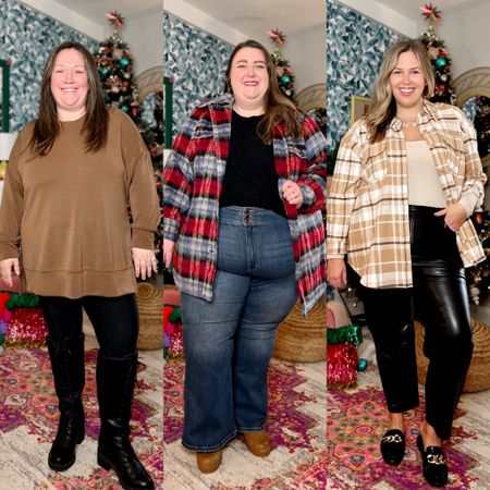 HOD team bringing you 3 cute and casual plus size Thanksgiving outfits! Caroline is wearing a pair of Lane Bryant flare jeans in a size 28, a layering t-shirt from Old Navy in a 4X, a Lane Bryant wool belted shacket (feels way more like a coat) in a size 26/28, and a pair of Lane Bryant Dream Cloud boots! Jess is wearing a tried and true super soft sweatshirt from Arula in a size A paired with a pair of Spanx faux leather leggings in a size 1X (use code ASHLEYDXSPANX for a discount), and a pair of lace up boots from Lane Bryant. Ashley is wearing an Abercrombie bodysuit in a size XXL (it runs a bit big in the chest, so she recommends sizing down if similarly shaped), a Lane Bryant shacket in a size 18/20 - it runs true to size but it's thick and doesn't have a ton of give, so size up if between! She paired these with a pair of Abercrombie vegan leather ankle pants in a size 35 and  a pair of mules from Target!

#LTKxAF #LTKHoliday #LTKstyletip