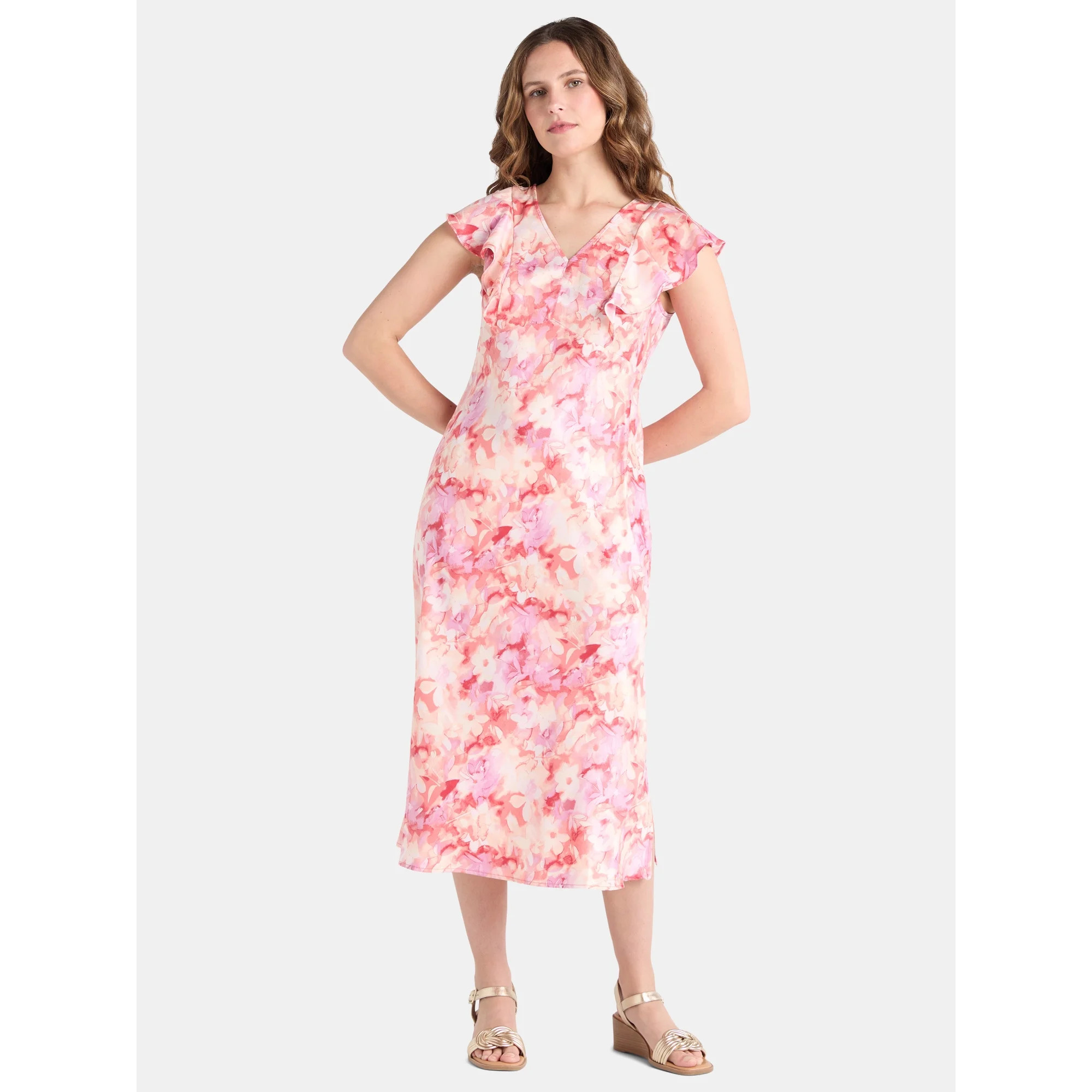 Time and Tru Women's and Women’s Plus Silky Satin Midi Dress with Flutter Sleeves, Sizes XS-4X | Walmart (US)