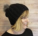 Black Chunky Beanie Hat with Faux Fur Pom Pom Handmade | Amazon (US)
