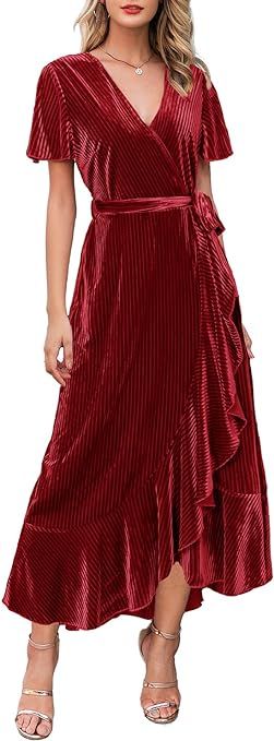 Miessial Women's Velvet Maxi Dress Retro Faux Wrap V-Neck Long Evening Dress Cocktail Party Dress | Amazon (US)
