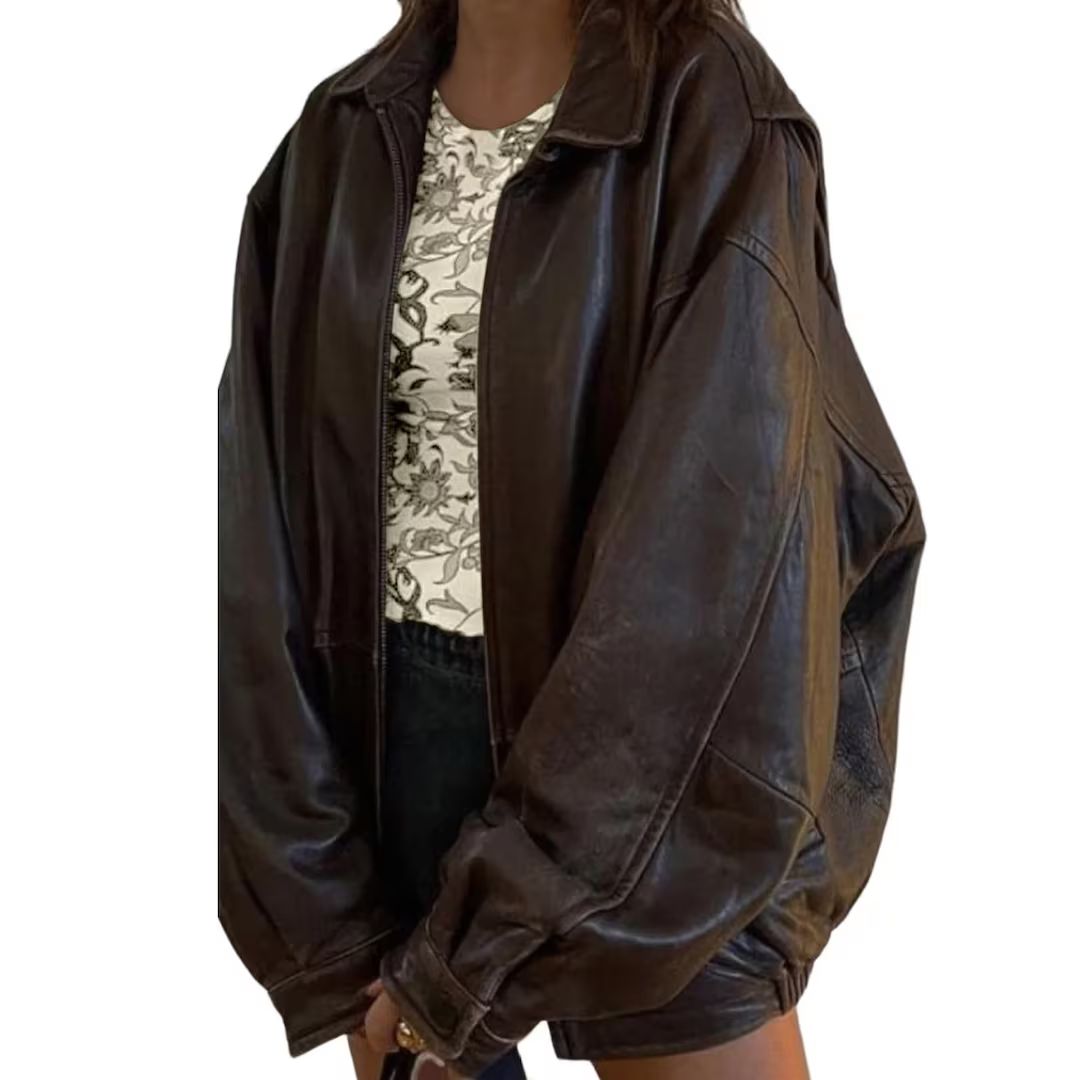Women's Handmade Oversize Real Leather Vintage Brown Bomber Jacket | Etsy (US)