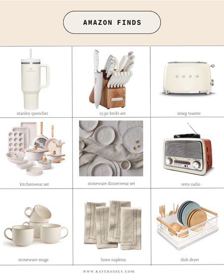 Amazon home decor finds for the kitchen - gift ideas for him and her, holiday gift guide 
- Stanley quencher 
- knife set
- Smeg toaster 
- cookware and bakeware set 
- stoneware dinnerware set and mugs 
- retro radio 
- linen napkins 
- drying rack 

#LTKfamily #LTKSeasonal #LTKhome