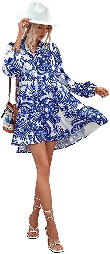 VIYAN Women's Summer Dress Floral Print Ruffle Hem Lantern Sleeve Smock Dress Casual Dress | Amazon (US)