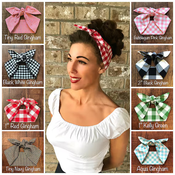 Gingham Check Miranda Retro Hair Wrap Wide Self Tie Headband Bow 1950s Head Scarf Rockabilly PinU... | Etsy (US)