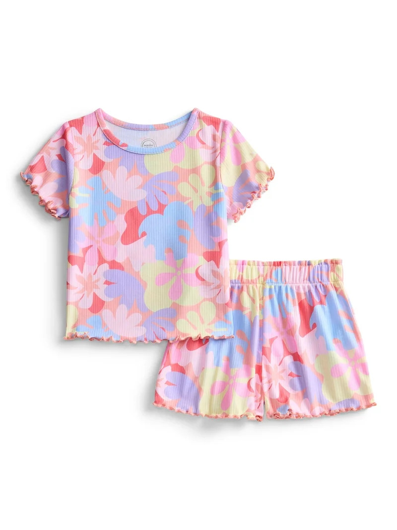 Wonder Nation Toddler Girl's Ribbed Print Tee and Shorts, 2-Piece Pajama Set, Sizes 12M-5T | Walmart (US)