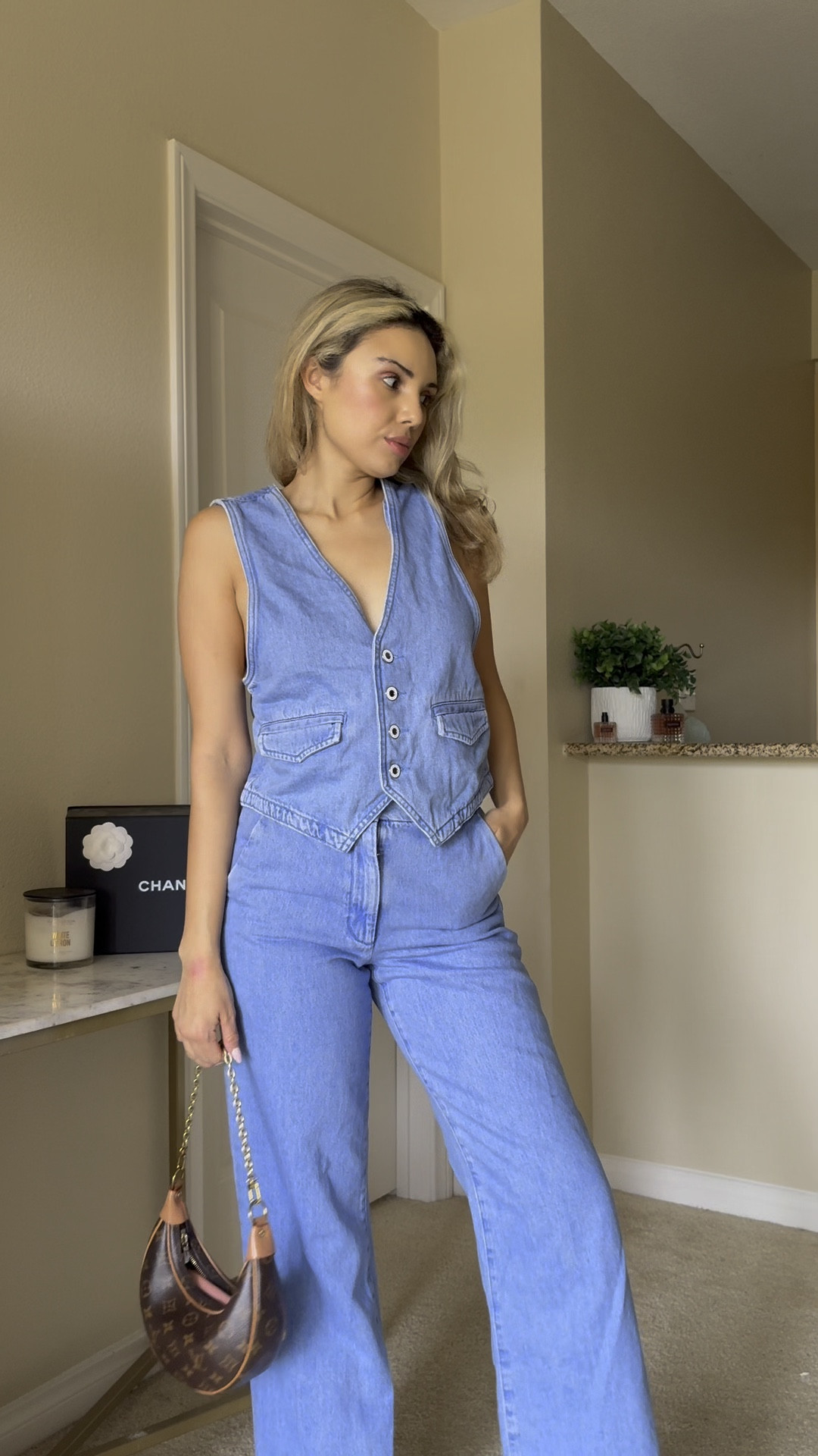 Denim sleeveless button up waistcoat matched with denim high waisted jean,  brown monogram Louis Vuitton  coated canvas loop bag, brown cowgirl boots 

#LTKPetite #LTKSeasonal #LTKStyleTip