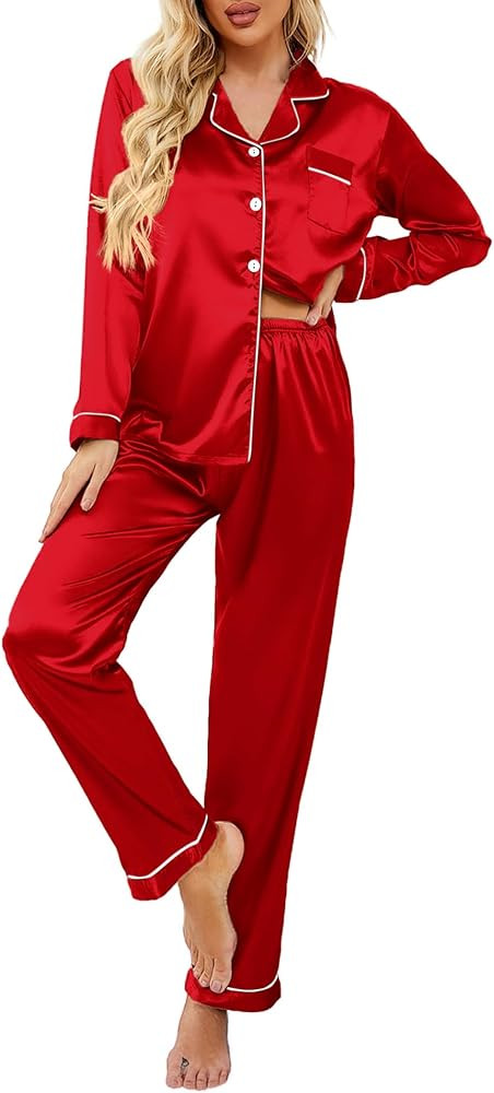 Ekouaer Women's Classic Button Down Long Satin Silk Pajama Set | Amazon (US)