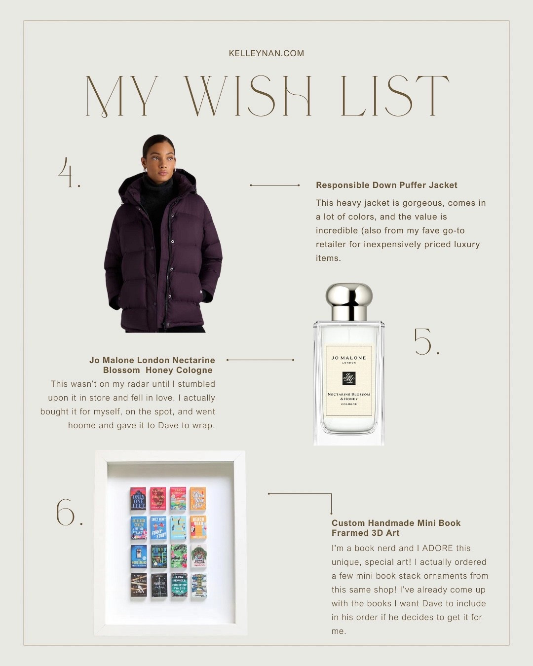 My personal Christmas wish list includes this down puffer jacket The quality is incredible and it comes in lots of different colors), this heavenly smelling Jo Malone cologne and this unique and darling mini book art. Christmas gifts for her winter coat ladies gifts fragrance gift book lovers gift

#LTKCyberWeek #LTKBeauty #LTKGiftGuide