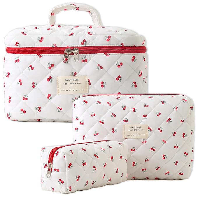 Makeup Bag,Quilted Cosmetic Bag,Large Floral Make Up Bag for Women,Cotton Makeup Bag Set,Flower T... | Amazon (US)