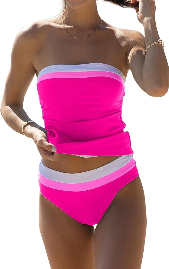Beachsissi Bandeau Swimsuits for Women Strapless Swimwear Bathing Suits Tummy Control Color Block... | Amazon (US)