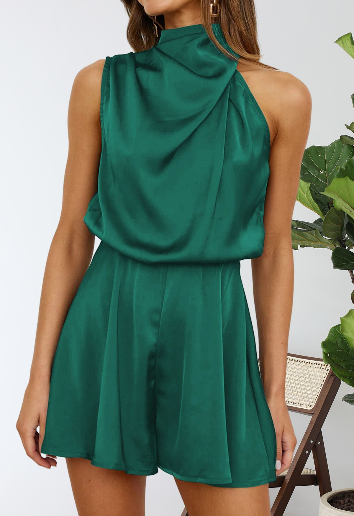 Satin Asymmetric Ruched Neckline Sleeveless Playsuit in Dark Green | Chicwish