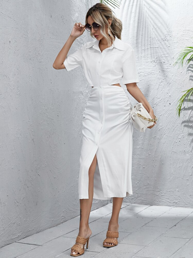 Button Front Ruched Detail Cut Out Shirt Dress | SHEIN