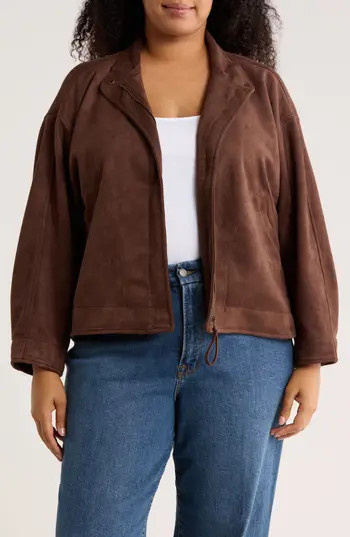 MAX STUDIO Faux Suede Zip Jacket in Sequoia at Nordstrom Rack, Size 3X | Nordstrom Rack
