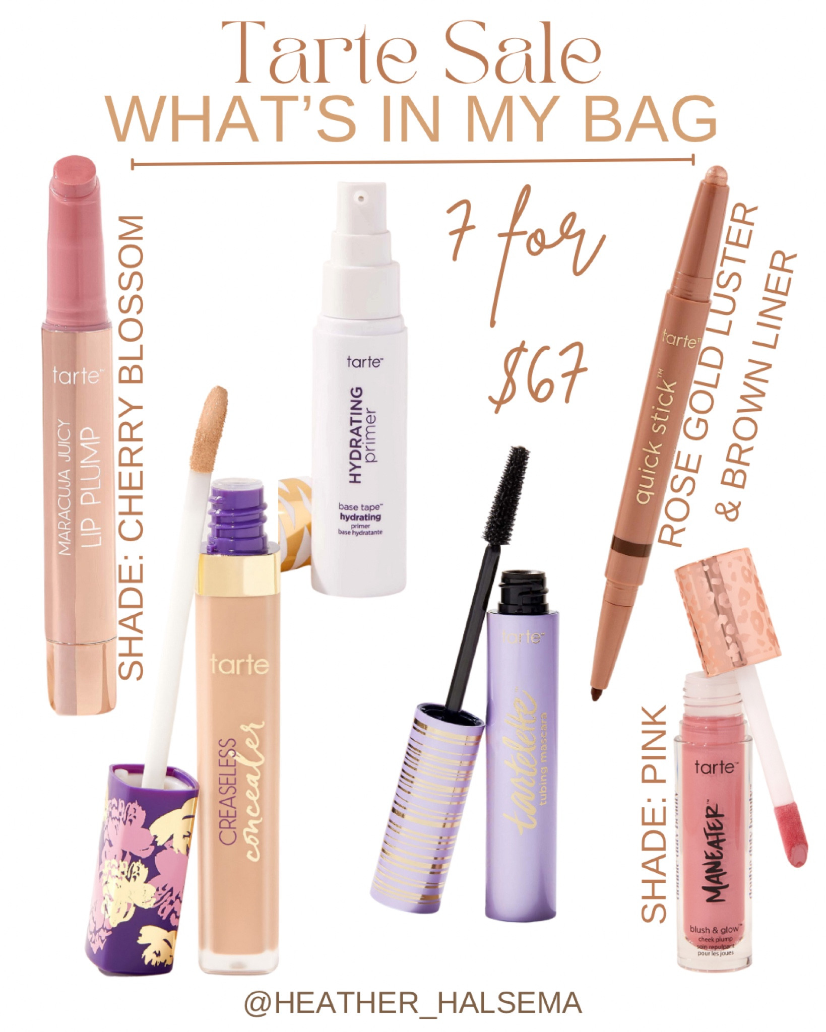 Tarte cosmetics is doing their big sale! So many good deals you can’t miss, these are drugstore prices right now! Thjs is everything I added to my bag! 1. Juicy lip plump, shade cherry blossom, the best!! 2. Man eater blush shade pink 3. Quick stick shadow and liner shade rose gold luster & brown liner 4. Greaseless concealer 5. Base tape hydrating primer 6. Tubing mascara 

#LTKSale #LTKbeauty #LTKsalealert