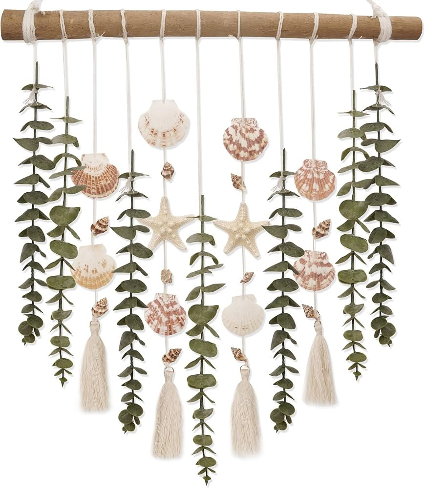 Bathroom Wall Decor Artificial Eucalyptus Boho Bedroom Decor Fake Eucalyptus Plants Leaves with Seashell on Stick Coastal Decor Natural Home Decorations for Living Room Nursery Kitchen | Amazon (US)