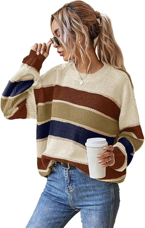 Warm Sweaters for Women Long Sleeve Round Neck Colorblock Drop Shoulder Sweater | Amazon (US)