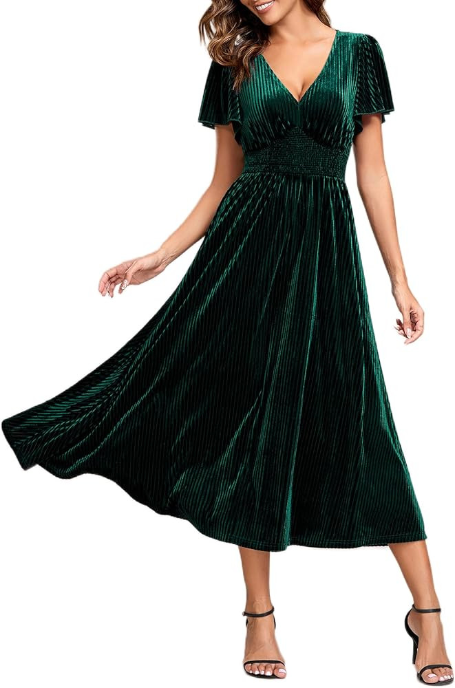 Ever-Pretty Women's Fall Winter V Neck Short Sleeves A Line Elastic Waist Midi Length Velvet Wedd... | Amazon (US)