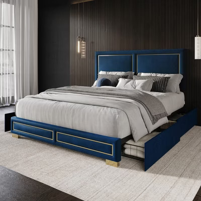 Home Design Jasper King Upholstered Storage Platform Bed, Blue | Target