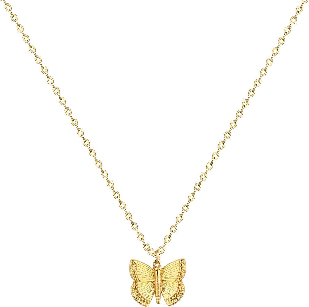 Initial Butterfly Pendant Necklace,Women 14k Gold Plated Handmade Dainty Butterfly Necklace with ... | Amazon (US)