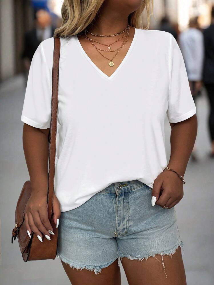 EMERY ROSE Plus Size Women's Simple Solid Color V-Neck Short Sleeve Casual T-Shirt For Women | SHEIN